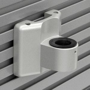 Slatwall mount in silver mounted on slat wall.