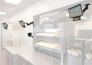 Versatile kitchen display arms for ceiling, wall, or wire-shelf mounting