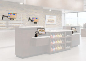 Durable, wall-mounted kitchen display mounts with adjustable arms for POS screens