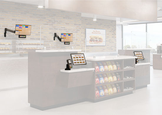 Durable, wall-mounted kitchen display mounts with adjustable arms for POS screens