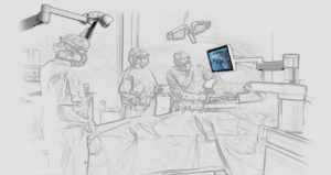 Custom long-reach surgical arm holding a monitor and camera, designed for extended vertical and horizontal positioning in a medical system.