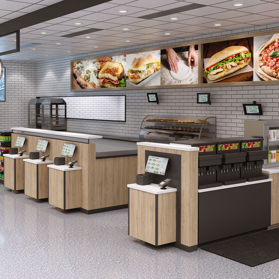 Redwood Mini at a convenience store Redwood Mini mounted to wall and surface at convenience build-to-order stations