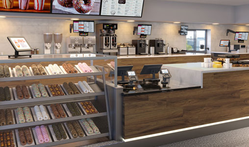 Hospitality POS Mounting Solutions | HAT Design Works Hospitality POS workstation at café counter with monitor mounts supporting POS, KDS, and drive-thru ordering solutions